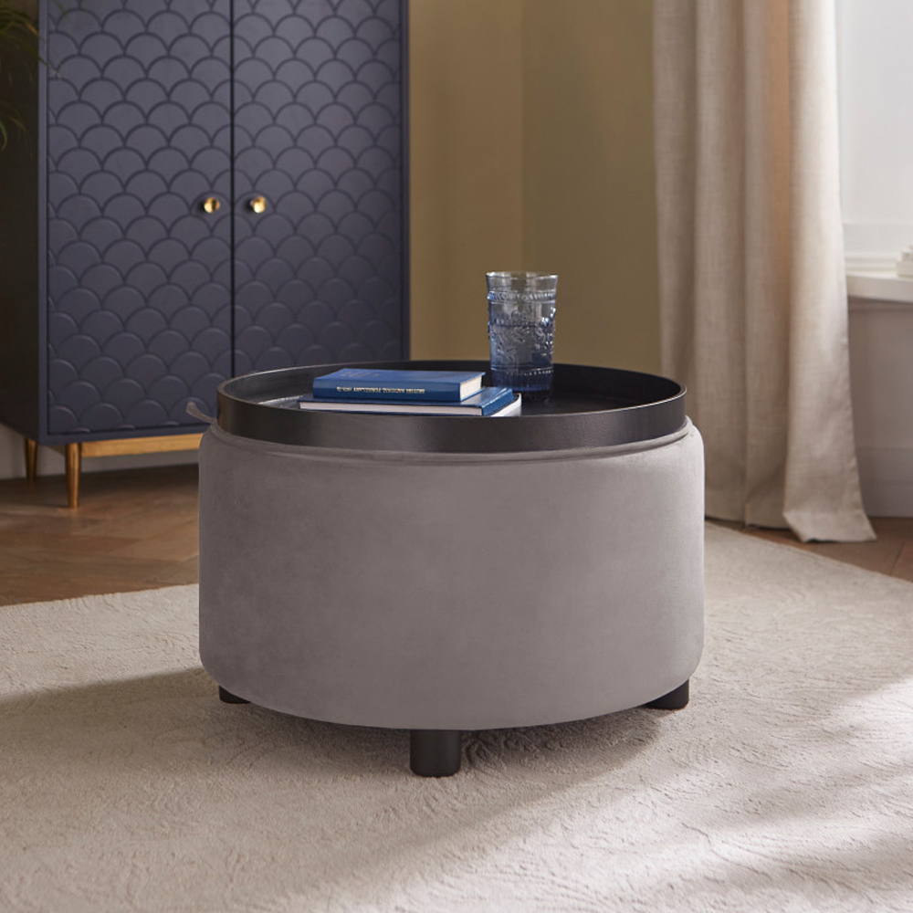Laelis Velvet Tray Storage Stool in Grey