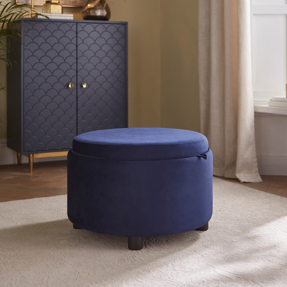 Laelis Velvet Tray Storage Stool in Midnight Blue