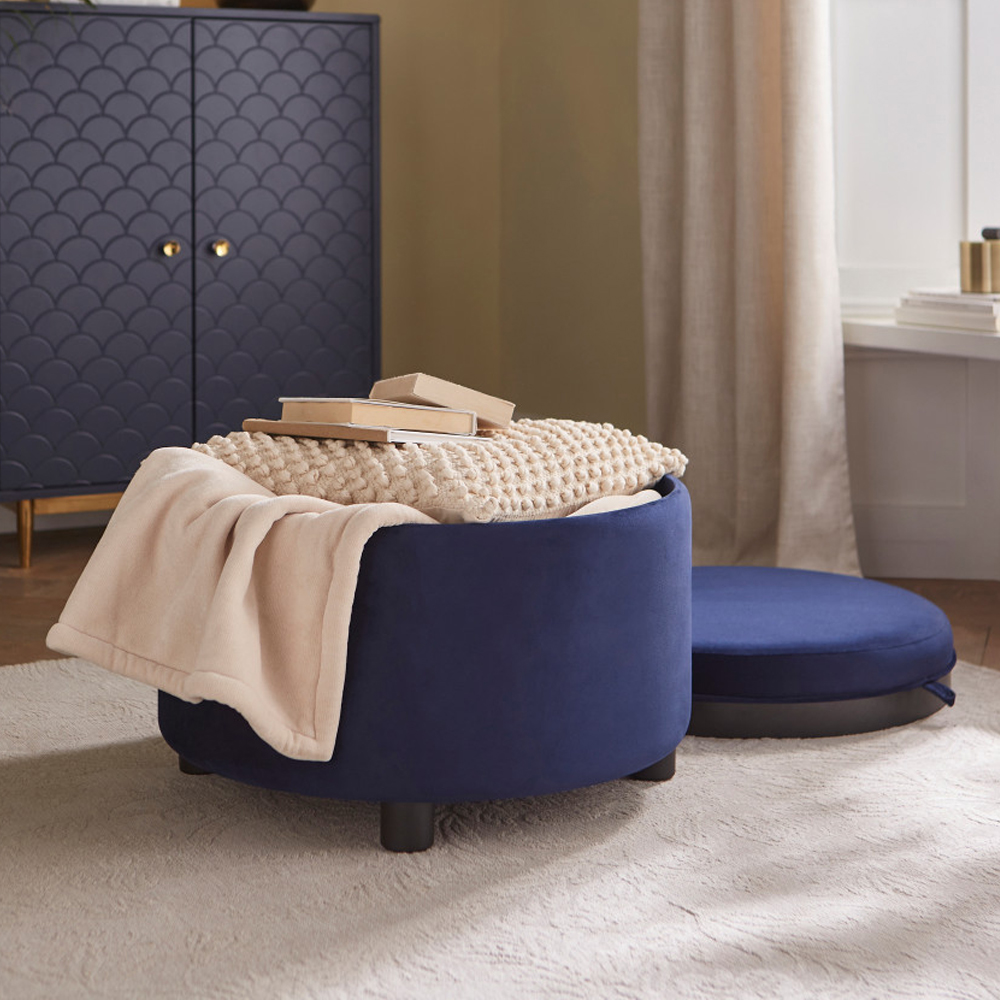 Laelis Velvet Tray Storage Stool in Midnight Blue