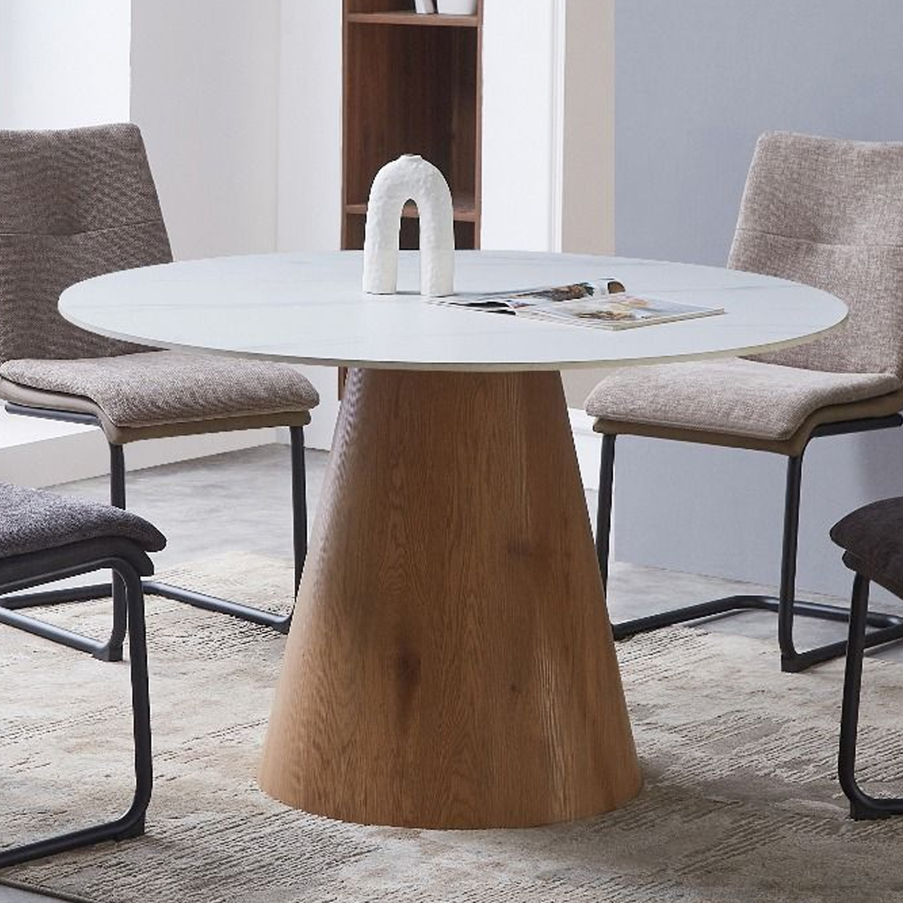 Laevor White Sintered Stone Top Dining Table with Walnut Wooden Base