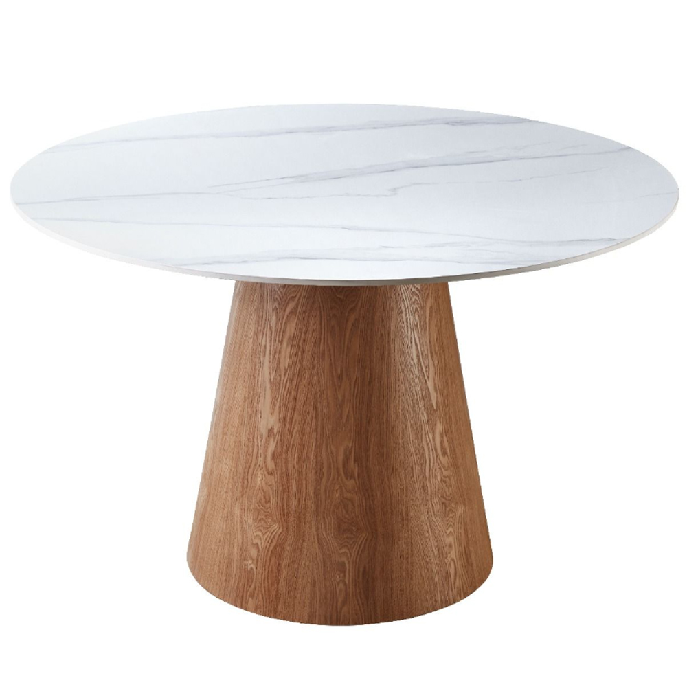 Laevor White Sintered Stone Top Dining Table with Walnut Wooden Base