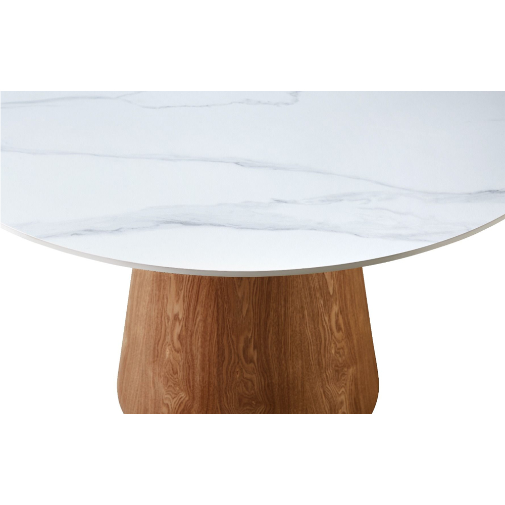Laevor White Sintered Stone Top Dining Table with Walnut Wooden Base