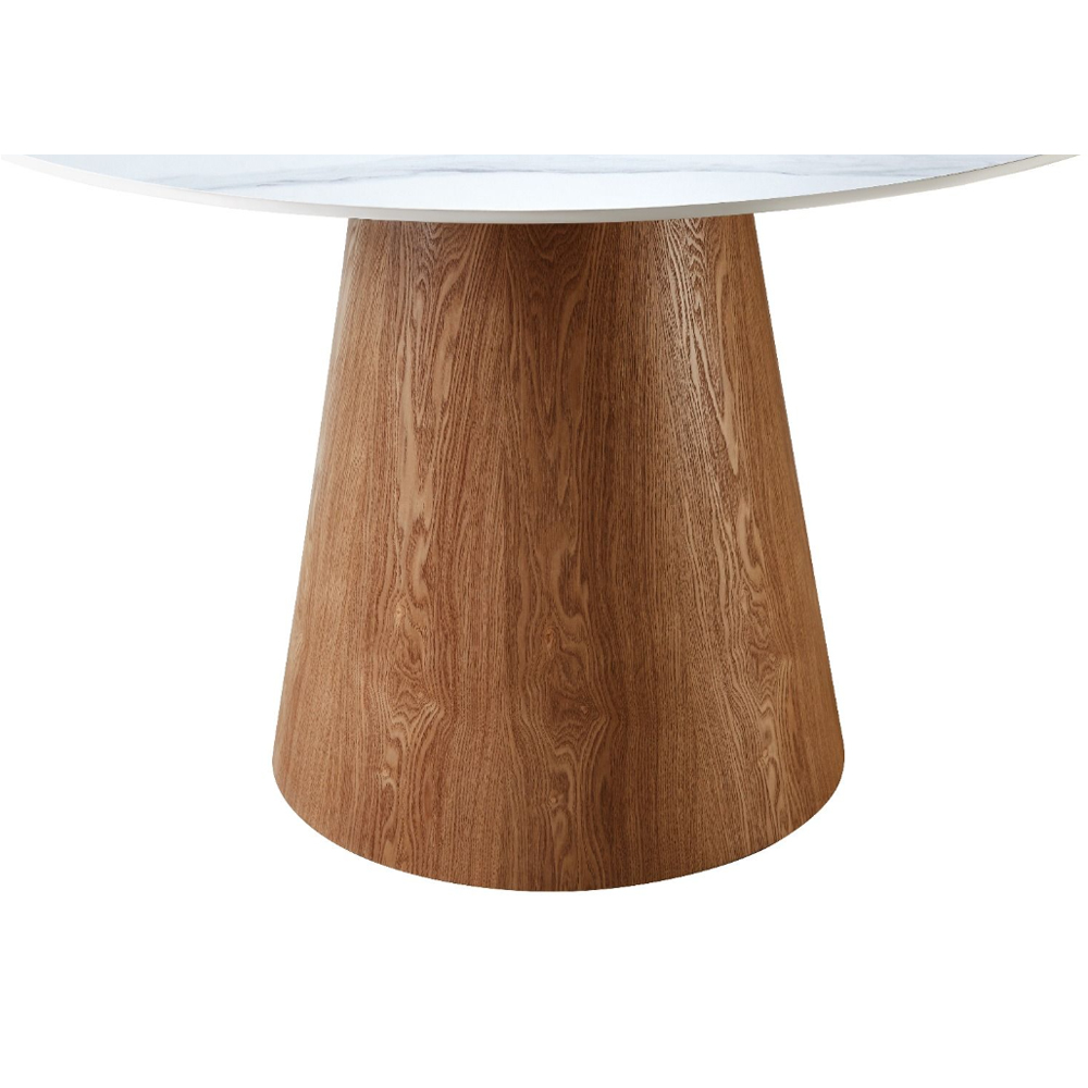 Laevor White Sintered Stone Top Dining Table with Walnut Wooden Base