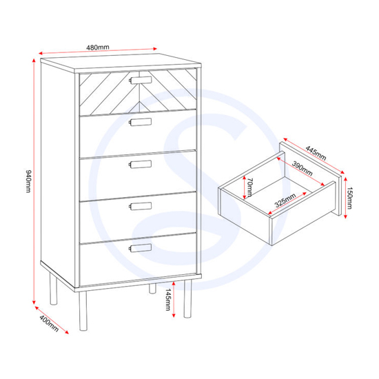 Lagos Wooden Chest Of 5 Drawers Narrow In Medium Oak
