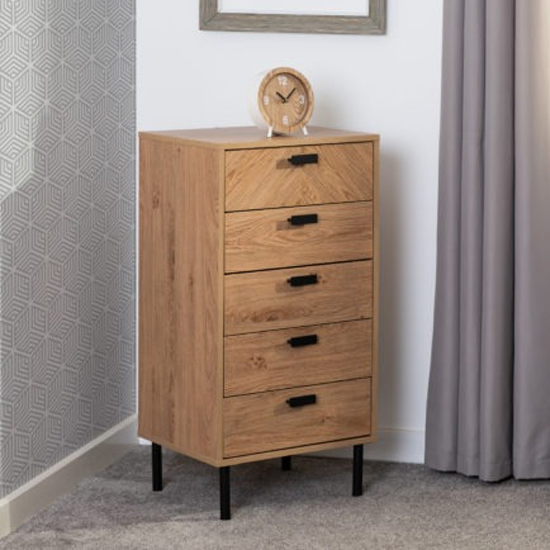 Lagos Wooden Chest Of 5 Drawers Narrow In Medium Oak