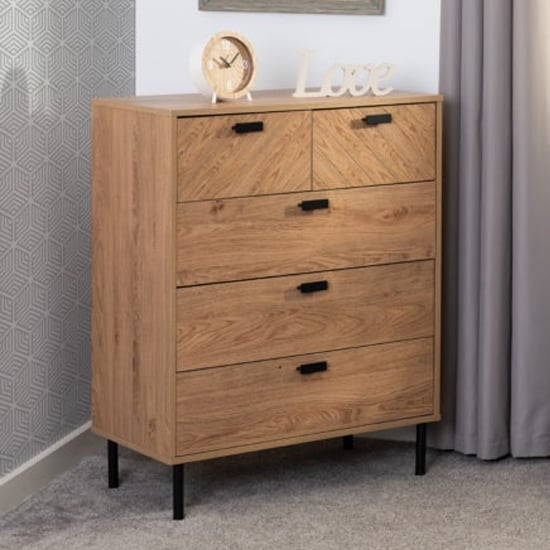 Read more about Lagos wooden chest of 5 drawers wide in medium oak