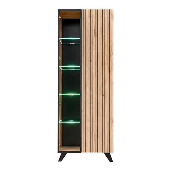 Product photograph of Lagos Wooden Display Cabinet Tall 2 Doors In Hickory Oak Led from Furniture in Fashion