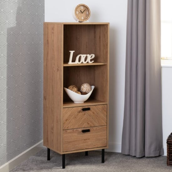 Read more about Lagos wooden storage cabinet 2 drawers 2 shelves in medium oak