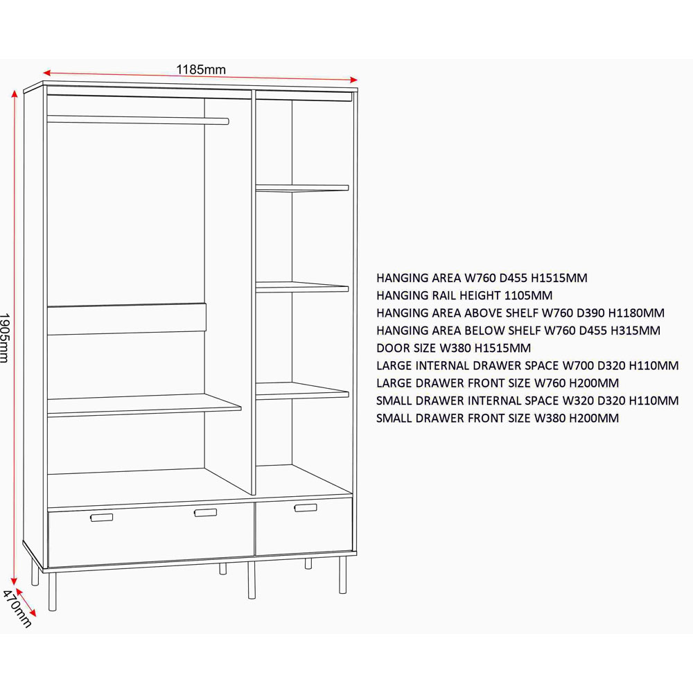 Lagos Wooden Wardrobe with 3 Doors 2 Drawers in Medium Oak Effect