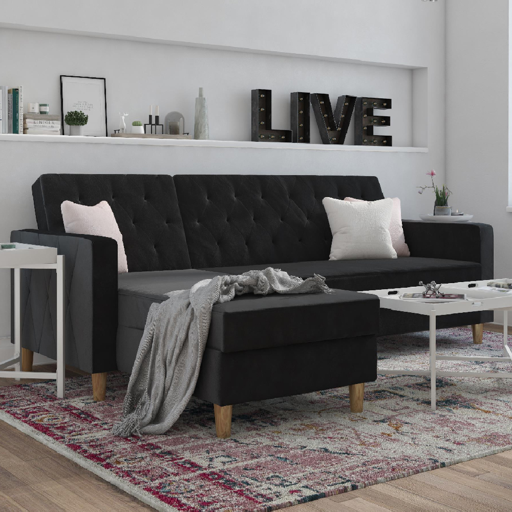 Read more about Lahaina velvet sofa bed with oak legs in black