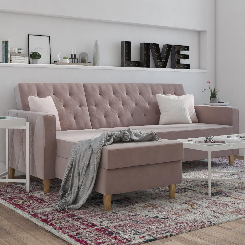Read more about Lahaina velvet sofa bed with oak legs in pink
