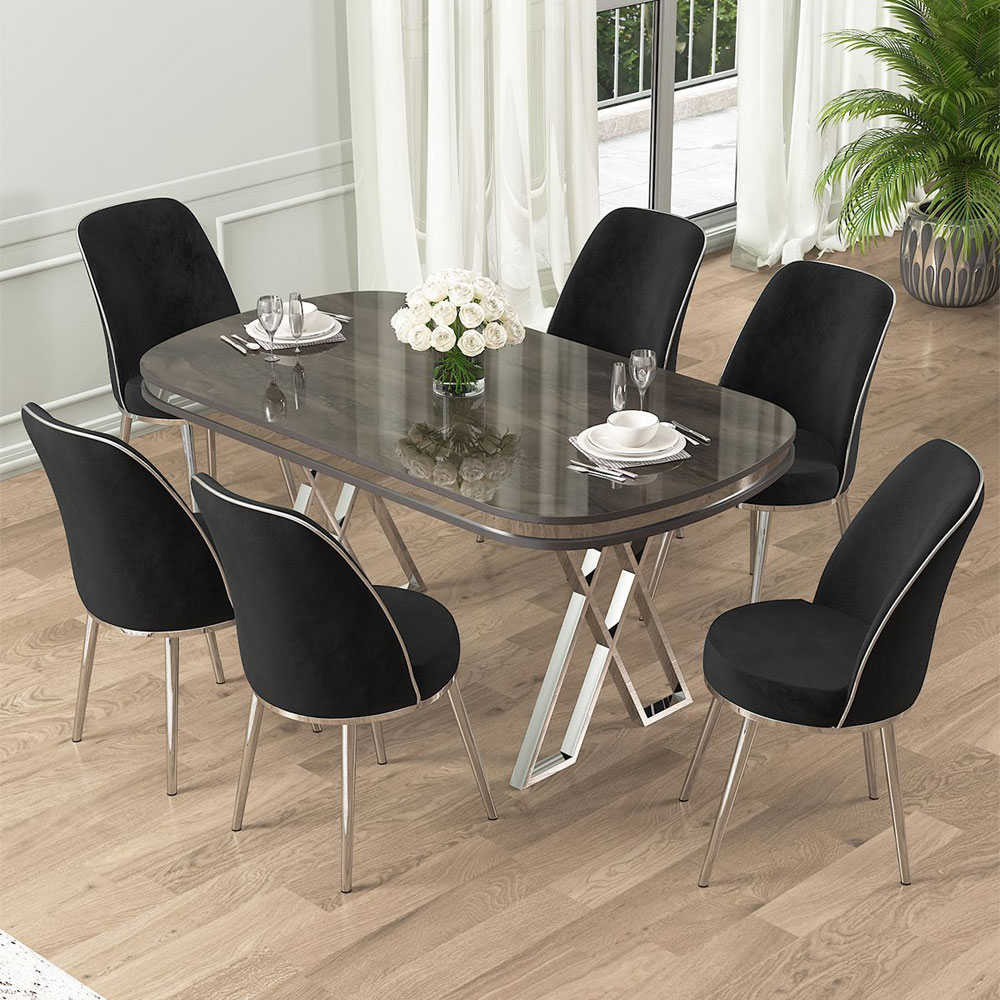Lai Anthracite Lacquer Panel Dining Table with 6 Fabric Black Chairs in Chrome