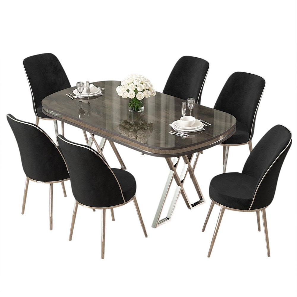 Lai Anthracite Lacquer Panel Dining Table with 6 Fabric Black Chairs in Chrome
