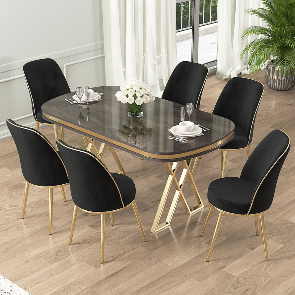 Lai Anthracite Lacquer Panel Dining Table with 6 Fabric Black Chairs in Gold