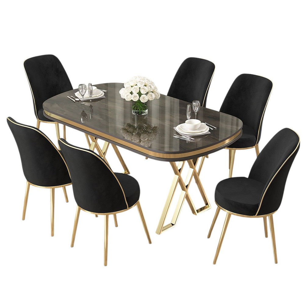 Lai Anthracite Lacquer Panel Dining Table with 6 Fabric Black Chairs in Gold
