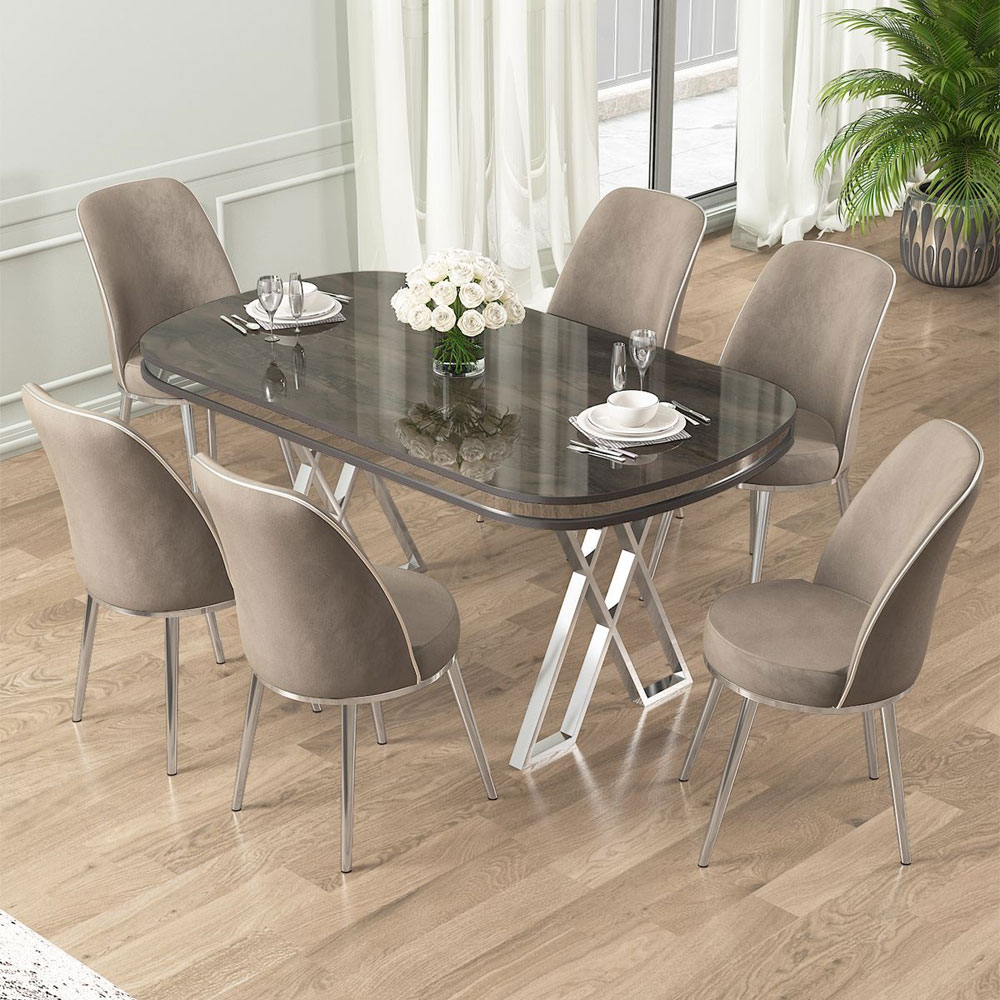 Lai Anthracite Lacquer Panel Dining Table with 6 Fabric Cappuccino Chairs in Chrome