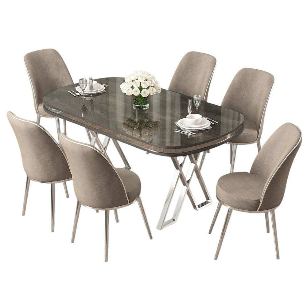 Lai Anthracite Lacquer Panel Dining Table with 6 Fabric Cappuccino Chairs in Chrome
