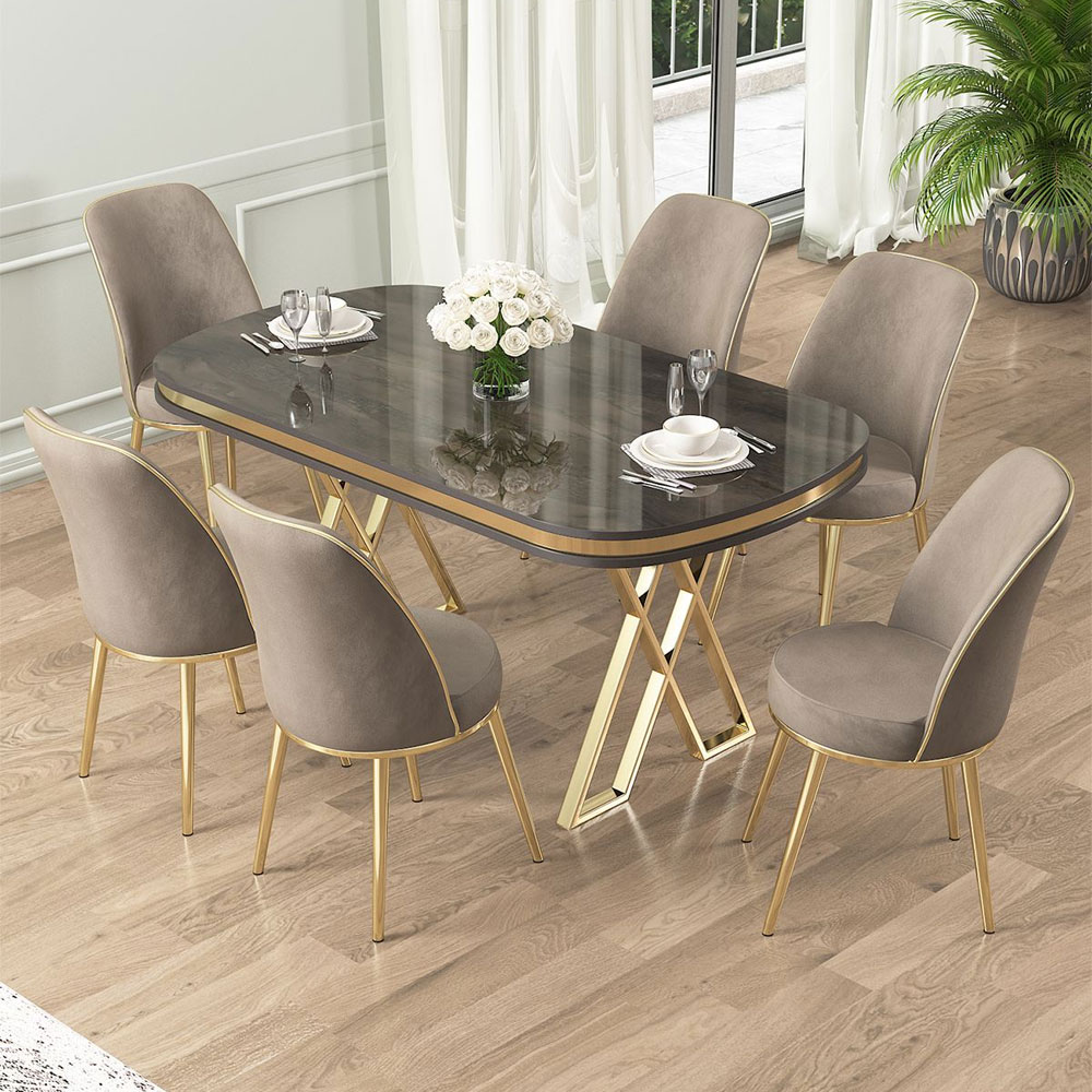 Lai Anthracite Lacquer Panel Dining Table with 6 Fabric Cappuccino Chairs in Gold
