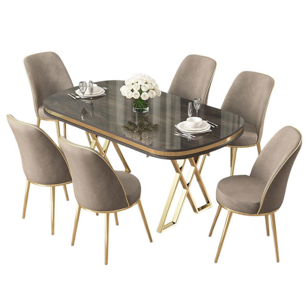 Lai Anthracite Lacquer Panel Dining Table with 6 Fabric Cappuccino Chairs in Gold