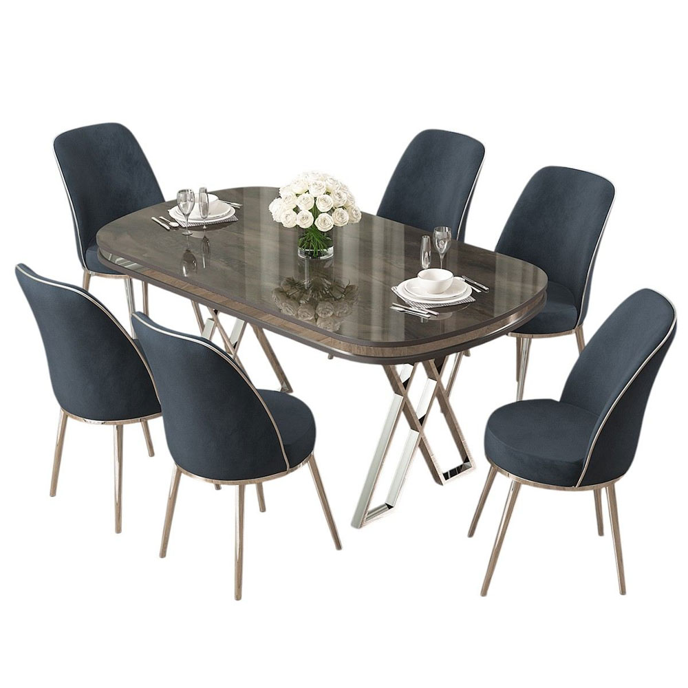 Lai Anthracite Lacquer Panel Dining Table with 6 Fabric Chairs in Chrome
