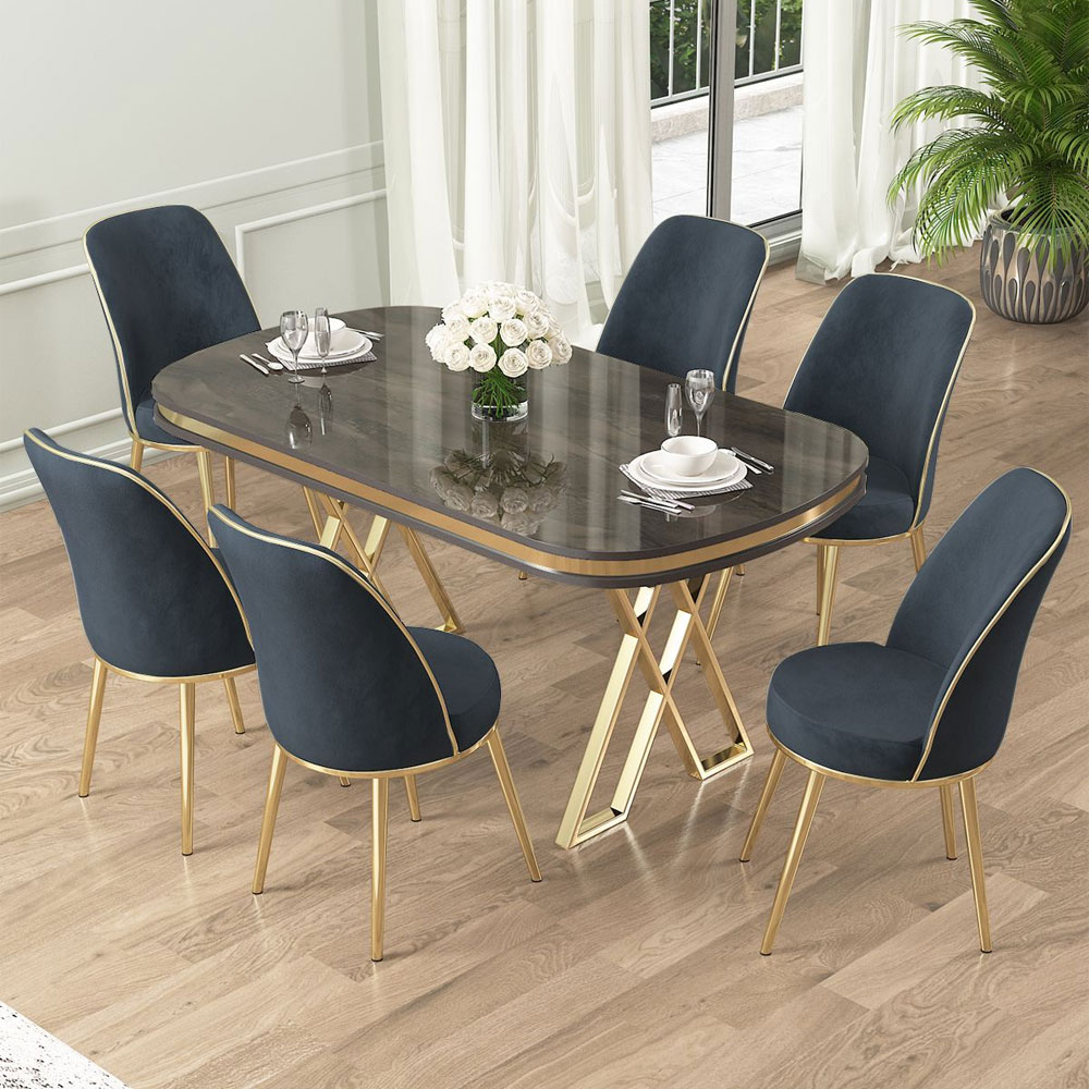 Lai Anthracite Lacquer Panel Dining Table with 6 Fabric Chairs in Gold