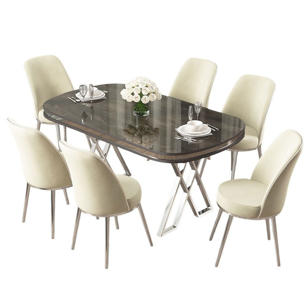 Lai Anthracite Lacquer Panel Dining Table with 6 Fabric Cream Chairs in Chrome