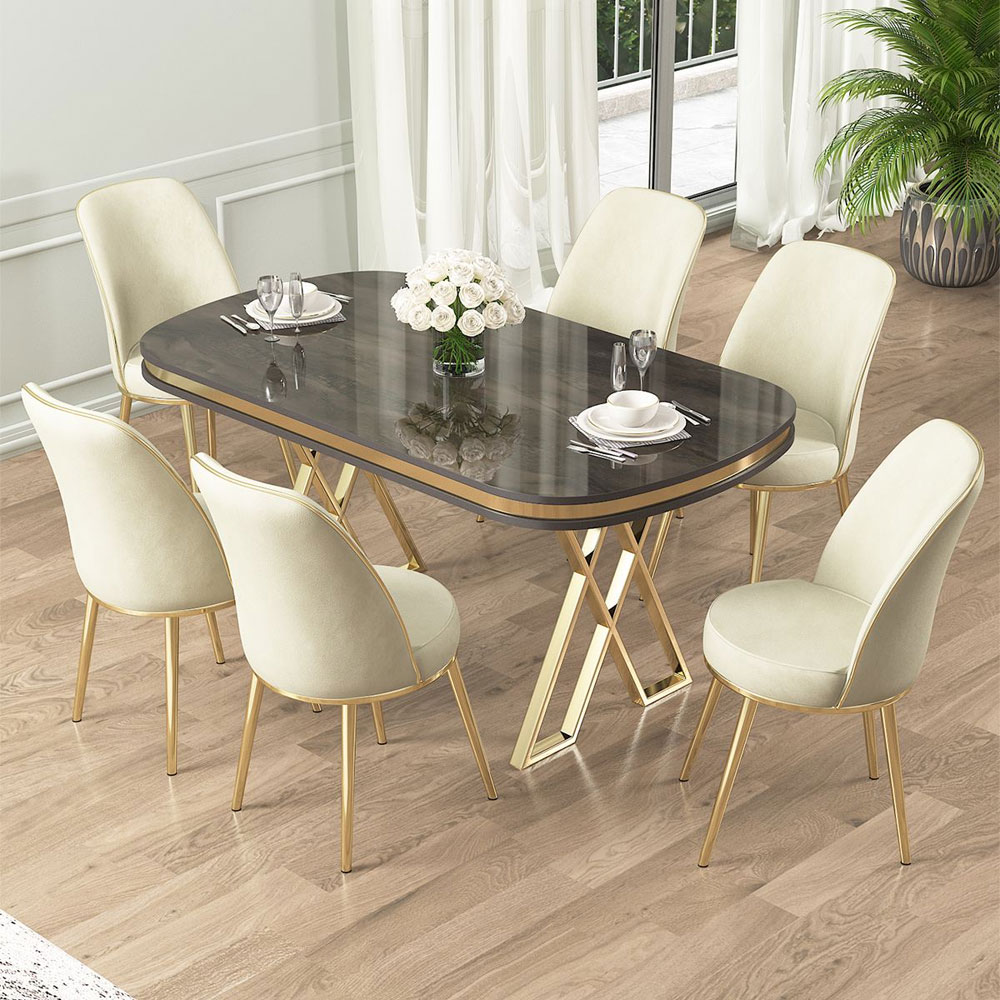 Lai Anthracite Lacquer Panel Dining Table with 6 Fabric Cream Chairs in Gold