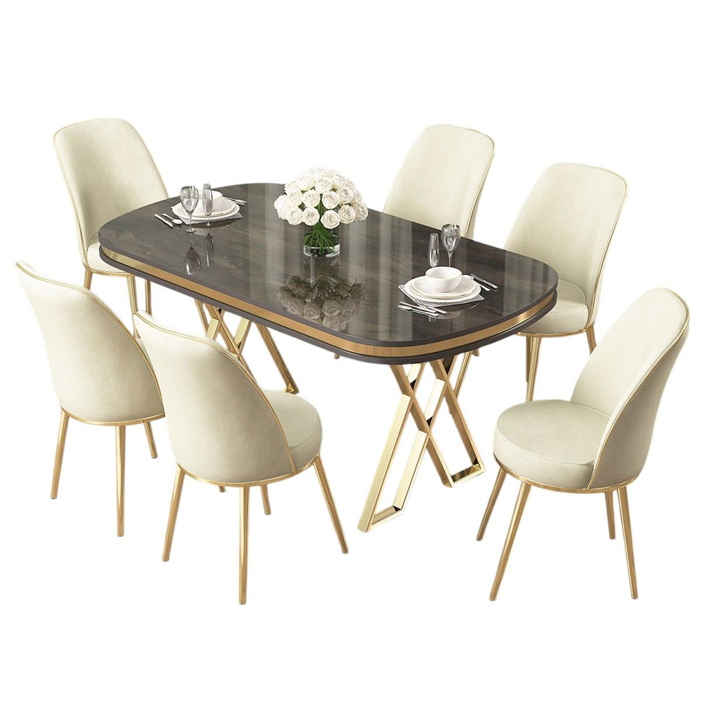 Lai Anthracite Lacquer Panel Dining Table with 6 Fabric Cream Chairs in Gold