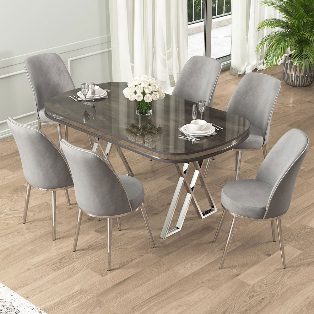 Lai Anthracite Lacquer Panel Dining Table with 6 Fabric Grey Chairs in Chrome