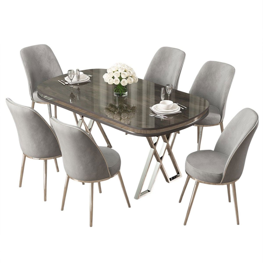 Lai Anthracite Lacquer Panel Dining Table with 6 Fabric Grey Chairs in Chrome