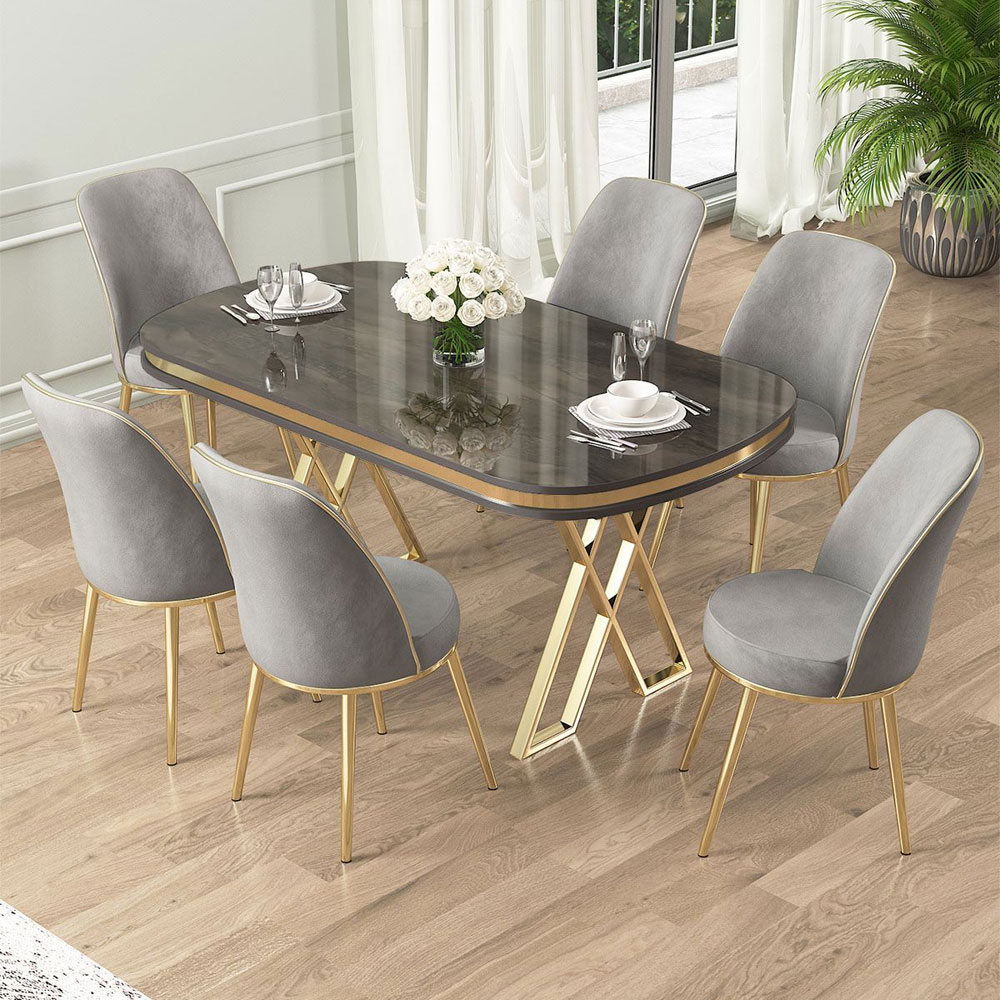 Lai Anthracite Lacquer Panel Dining Table with 6 Fabric Grey Chairs in Gold