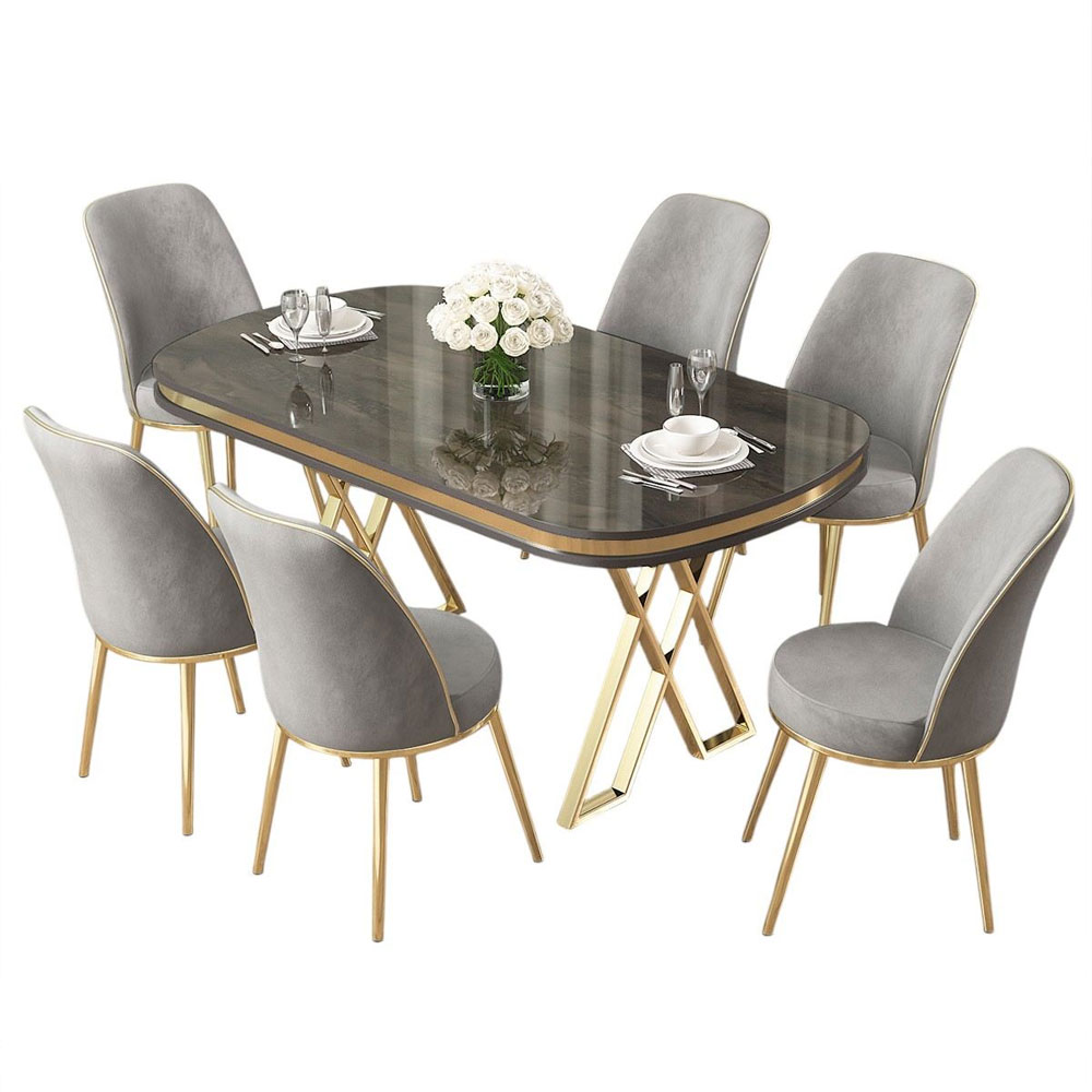 Lai Anthracite Lacquer Panel Dining Table with 6 Fabric Grey Chairs in Gold