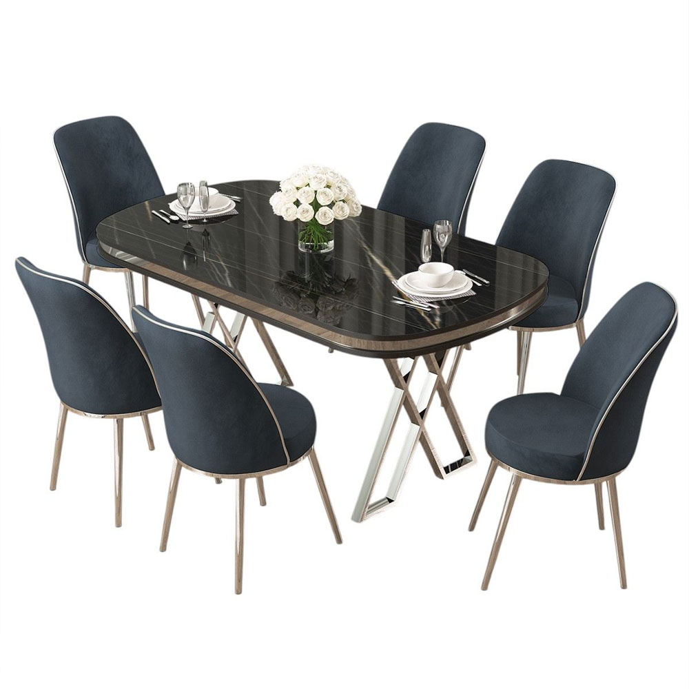 Lai Black Marble Effect Top Lacquer Panel Dining Table with 6 Fabric Anthracite Chairs in Chrome