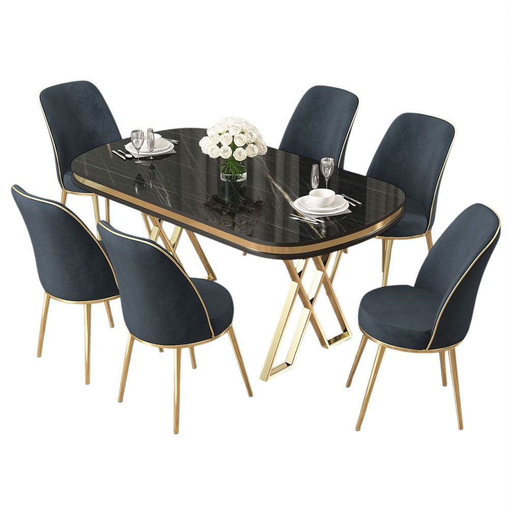 Lai Black Marble Effect Top Lacquer Panel Dining Table with 6 Fabric Anthracite Chairs in Gold
