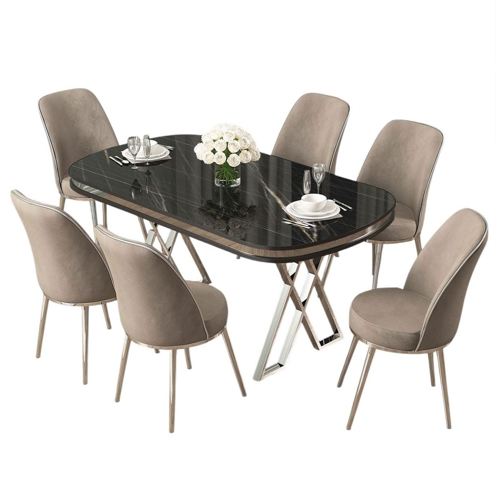Lai Black Marble Effect Top Lacquer Panel Dining Table with 6 Fabric Cappuccino Chairs in Chrome