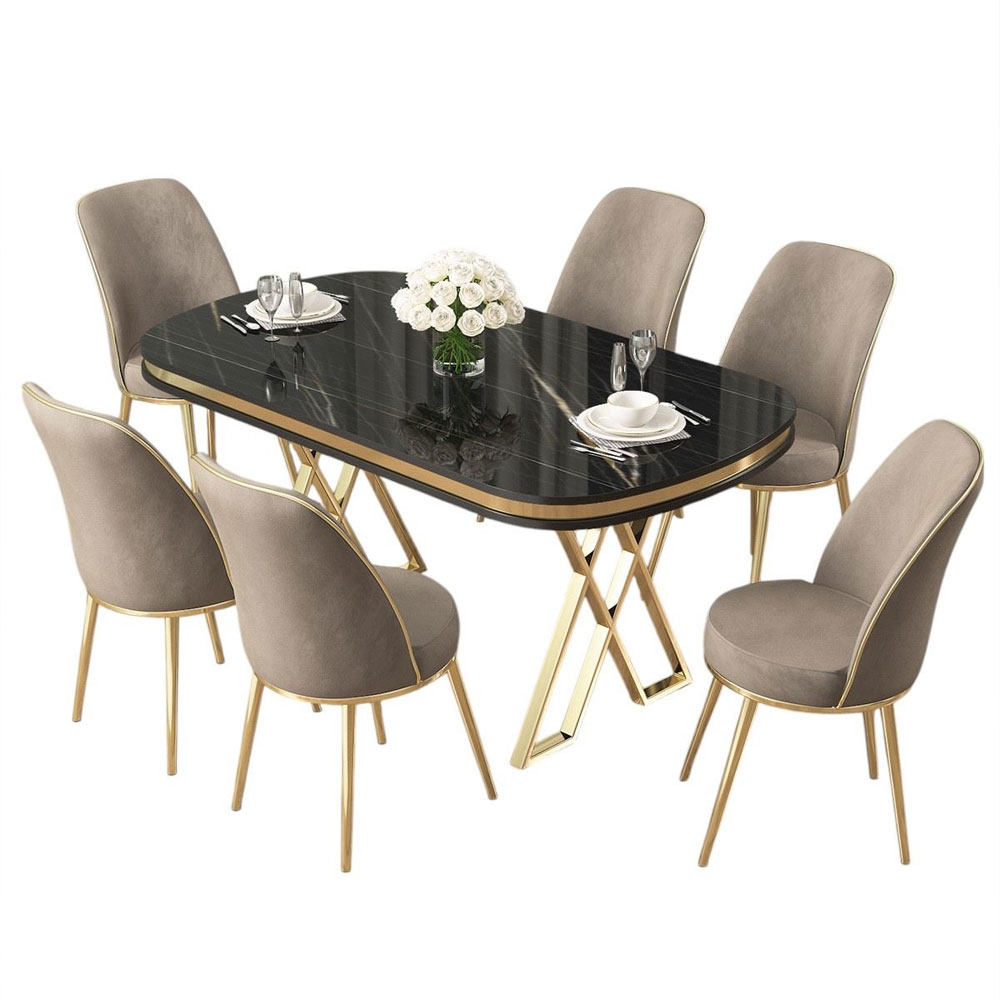 Lai Black Marble Effect Top Lacquer Panel Dining Table with 6 Fabric Cappuccino Chairs in Gold