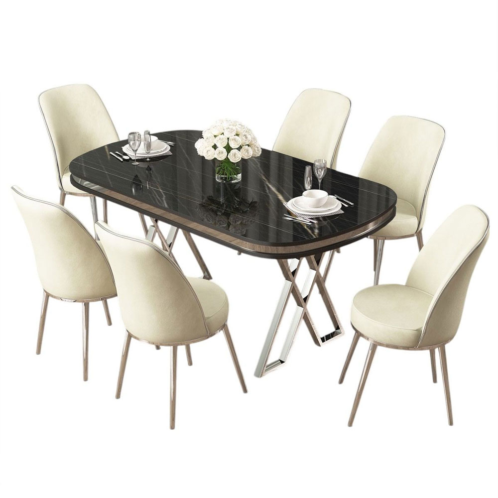 Lai Black Marble Effect Top Lacquer Panel Dining Table with 6 Fabric Cream Chairs in Chrome