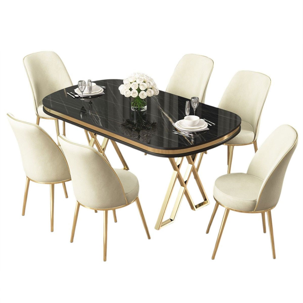 Lai Black Marble Effect Top Lacquer Panel Dining Table with 6 Fabric Cream Chairs in Gold