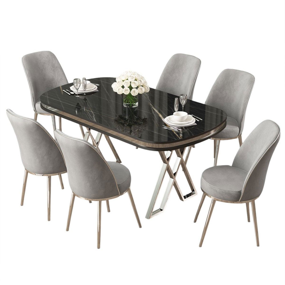 Lai Black Marble Effect Top Lacquer Panel Dining Table with 6 Fabric Grey Chairs in Chrome