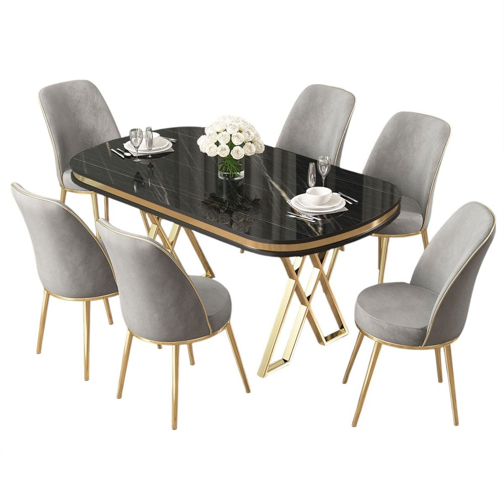 Lai Black Marble Effect Top Lacquer Panel Dining Table with 6 Fabric Grey Chairs in Gold