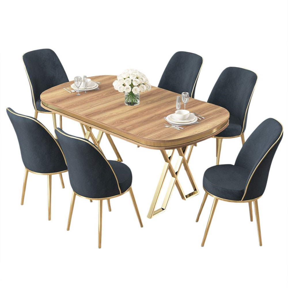 Lai Light Walnut Lacquer Panel Dining Table with 6 Fabric Anthracite Chairs in Gold
