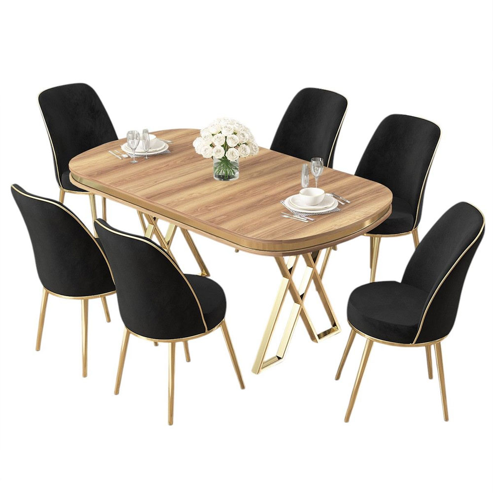 Lai Light Walnut Lacquer Panel Dining Table with 6 Fabric Black Chairs in Gold