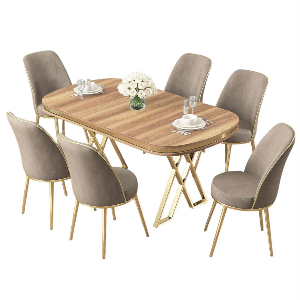 Lai Light Walnut Lacquer Panel Dining Table with 6 Fabric Cappuccino in Gold