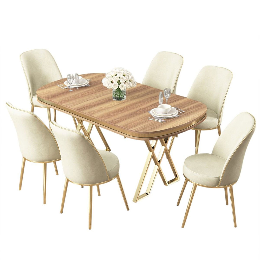 Lai Light Walnut Lacquer Panel Dining Table with 6 Fabric Cream in Gold