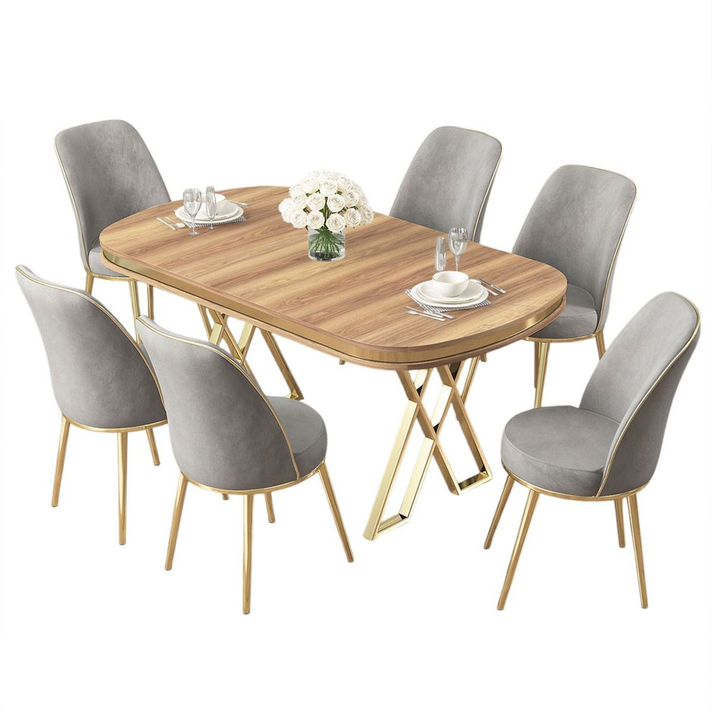 Lai Light Walnut Lacquer Panel Dining Table with 6 Fabric Grey in Gold