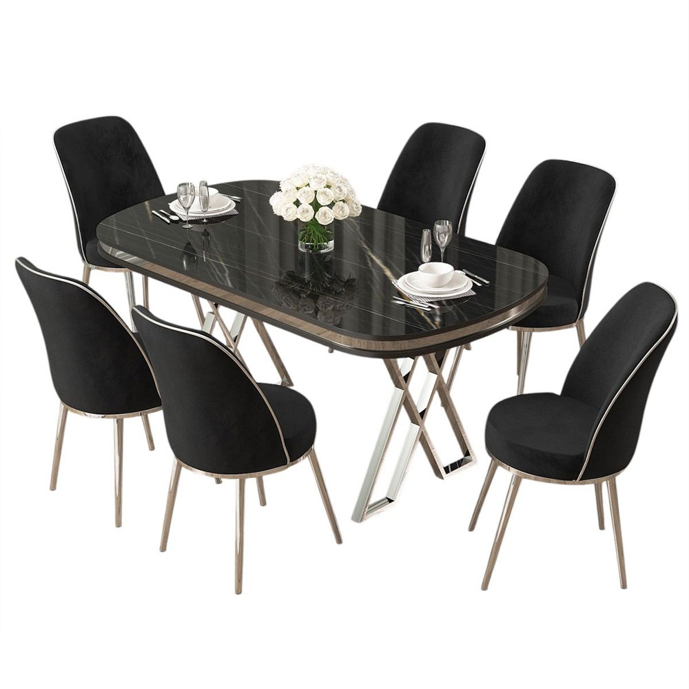 Lai Marble Effect Top Lacquer Panel Dining Table with 6 Fabric Black Chairs in Chrome
