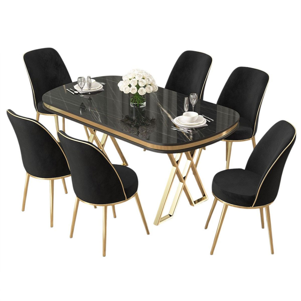 Lai Marble Effect Top Lacquer Panel Dining Table with 6 Fabric Black Chairs in Gold