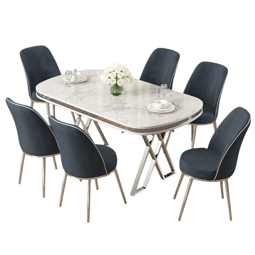 Lai White Lacquer Panel Dining Table with 6 Fabric Anthracite Chairs in Chrome