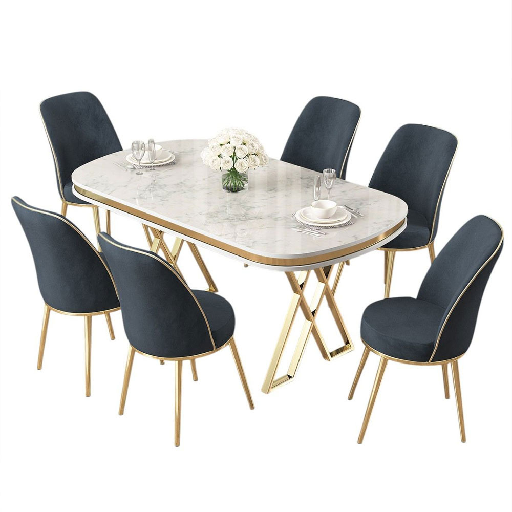 Lai White Lacquer Panel Dining Table with 6 Fabric Anthracite Chairs in Gold