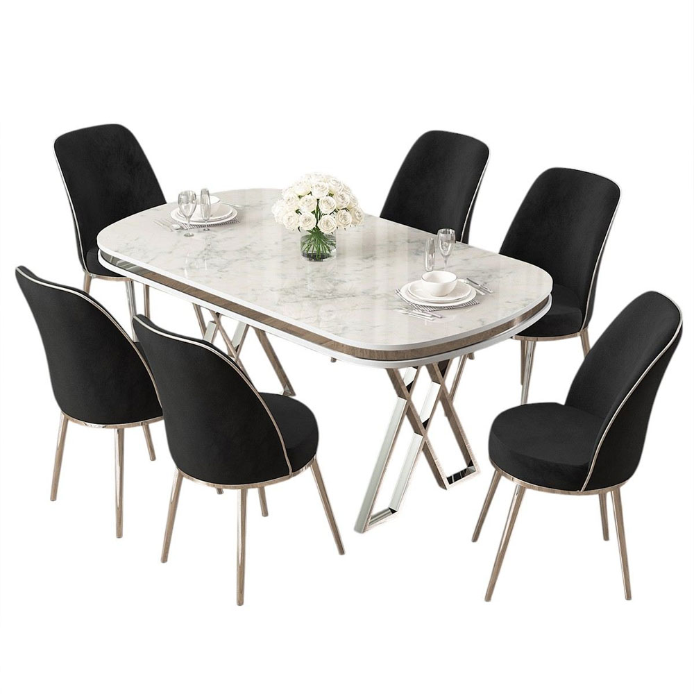 Lai White Lacquer Panel Dining Table with 6 Fabric Black Chairs in Chrome